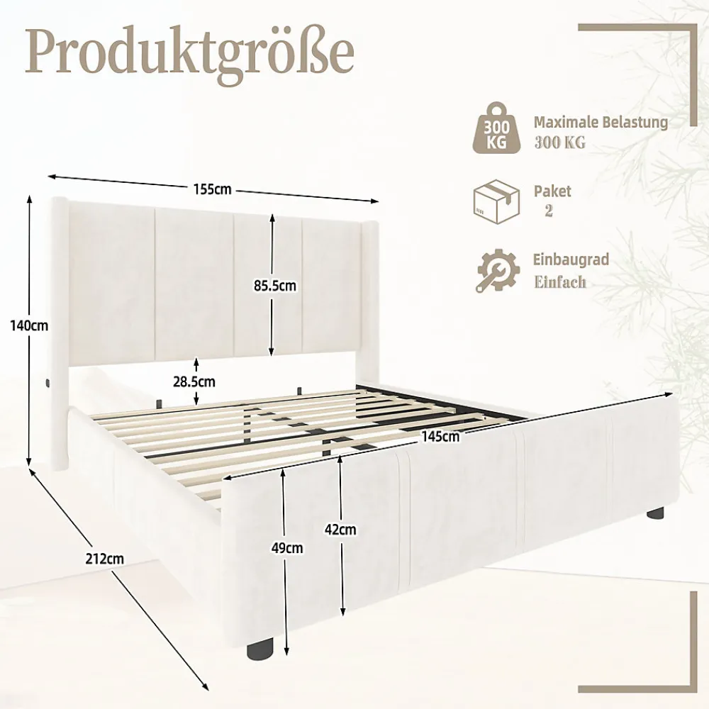 Lit coffre 140x200 cm avec tête de lit trapézoïdale, lit double éclairage LED, ports USB, 2 tiroirs, hauteur réglable, Beige>ProximaX New
