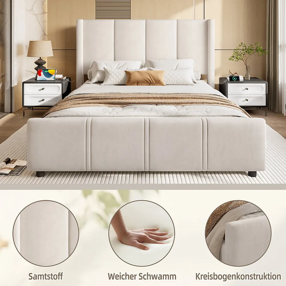 Lit coffre 140x200 cm avec tête de lit trapézoïdale, lit double éclairage LED, ports USB, 2 tiroirs, hauteur réglable, Beige>ProximaX New