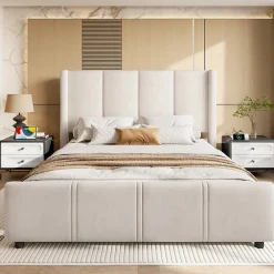 Lit coffre 140x200 cm avec tête de lit trapézoïdale, lit double éclairage LED, ports USB, 2 tiroirs, hauteur réglable, Beige><noscript><img width=