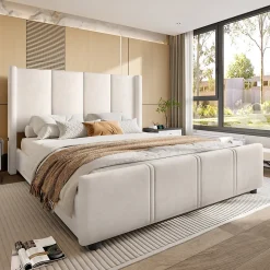 Lit coffre 140x200 cm avec tête de lit trapézoïdale, lit double éclairage LED, ports USB, 2 tiroirs, hauteur réglable, Beige><noscript><img width=