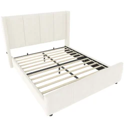 Lit coffre 140x200 cm avec tête de lit trapézoïdale, lit double éclairage LED, ports USB, 2 tiroirs, hauteur réglable, Beige><noscript><img width=