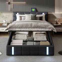 Simple Life Lit Coffre 160x200 cm avec USB et Type-C,LED,Lit Capitonné avec Rangement,hydraulique lit, PU* Lit Coffre