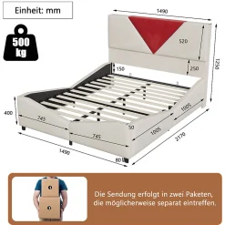 Lit coffre 140x200 cm beige avec tête triangulaire bordeaux, rangement à ouverture assistée par vérin, design moderne et pratique><noscript><img width=