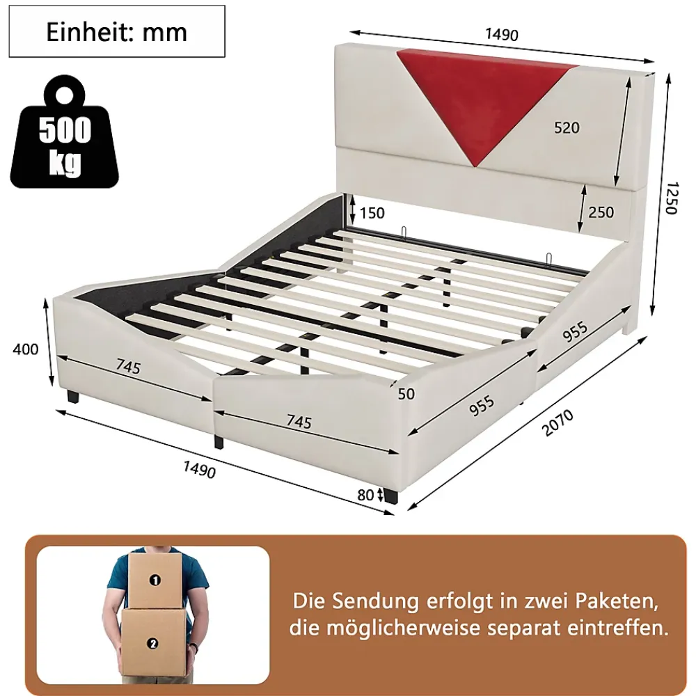 ProximaX Lit coffre 140x190 cm beige avec tête triangulaire bordeaux, rangement à ouverture assistée par vérin, design moderne et pratique* Lit Coffre