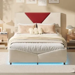 ProximaX Lit coffre 140x190 cm beige avec tête triangulaire bordeaux, rangement à ouverture assistée par vérin, design moderne et pratique* Lit Coffre