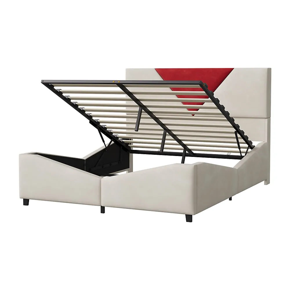ProximaX Lit coffre 140x190 cm beige avec tête triangulaire bordeaux, rangement à ouverture assistée par vérin, design moderne et pratique* Lit Coffre