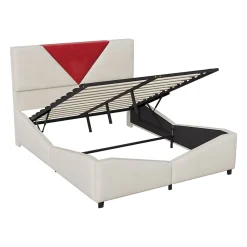 ProximaX Lit coffre 140x190 cm beige avec tête triangulaire bordeaux, rangement à ouverture assistée par vérin, design moderne et pratique* Lit Coffre