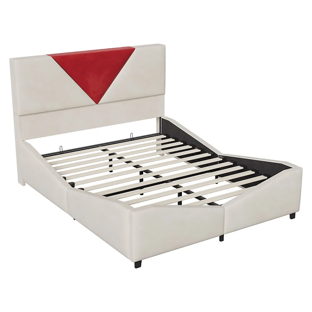 ProximaX Lit coffre 140x190 cm beige avec tête triangulaire bordeaux, rangement à ouverture assistée par vérin, design moderne et pratique* Lit Coffre