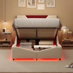 ProximaX Lit coffre 140x190 cm beige avec tête triangulaire bordeaux, rangement à ouverture assistée par vérin, design moderne et pratique* Lit Coffre