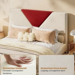 ProximaX Lit coffre 140x190 cm beige avec tête triangulaire bordeaux, rangement à ouverture assistée par vérin, design moderne et pratique* Lit Coffre