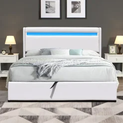 Lit coffre 120x190 cm blanc - tête de lit LED - 12 lattes - montage rapide - design moderne -><noscript><img width=