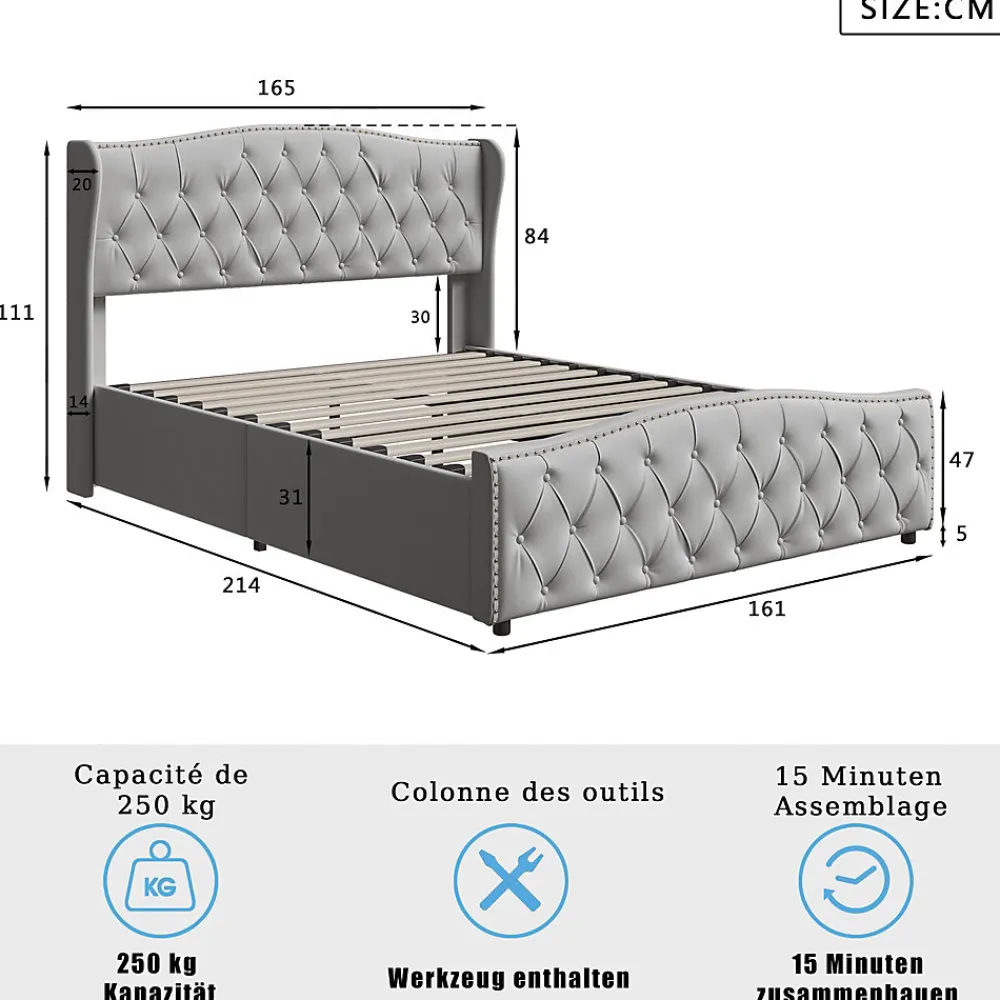 Lit Coffre 160x200 Cm, Cadre De Lit Avec Tête De Lit Et Sommier à Lattes, Velours, Gris>Fortuna lai