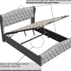 Lit Coffre 160x200 Cm, Cadre De Lit Avec Tête De Lit Et Sommier à Lattes, Velours, Gris><noscript><img width=