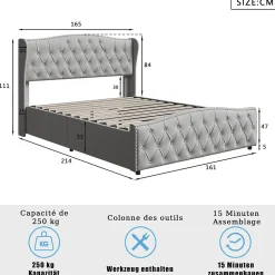 Simple Life Lit Coffre 160x200 Cm, Cadre De Lit Avec Tête De Lit Et Sommier à Lattes, Velours, Gris* Lit Coffre