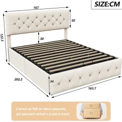 Simple Life Lit Coffre 160x200 Cm, Cadre De Lit Avec Tête De Lit Et Sommier à Lattes, Velours, Beige* Lit Coffre
