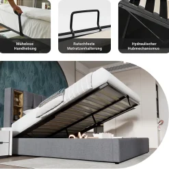 Okwish Lit coffre 140x200 cm capitonné avec rangement intégré, charge sans fil et USB-C - sommier et matelas inclus - tissu coton gris* Ensemble Sommier Et Matelas