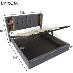 Okwish Lit coffre 140x200 cm capitonné avec rangement intégré, charge sans fil et USB-C - sommier et matelas inclus - tissu coton gris* Ensemble Sommier Et Matelas