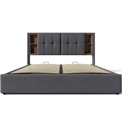 Okwish Lit coffre 140x200 cm capitonné avec rangement intégré, charge sans fil et USB-C - sommier et matelas inclus - tissu coton gris* Ensemble Sommier Et Matelas