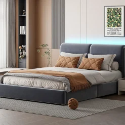 Simple Life Lit coffre 160x200 cm, capitonné, rangement, sommier à lattes, tête de lit, velours beige (2 personnes).* Lit Coffre