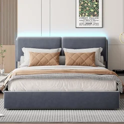Simple Life Lit coffre 160x200 cm, capitonné, rangement, sommier à lattes, tête de lit, velours beige (2 personnes).* Lit Coffre