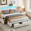 Lit coffre 160x200 cm, capitonné lin, lit double avec 4 tiroirs, LED, USB & Type-C, sommier à lattes et tête de lit, Beige>ProximaX Clearance