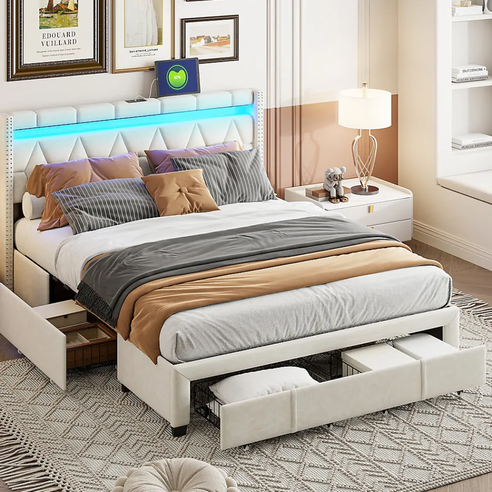 Lit coffre 160x200 cm, capitonné lin, lit double avec 4 tiroirs, LED, USB & Type-C, sommier à lattes et tête de lit, Beige>ProximaX Clearance
