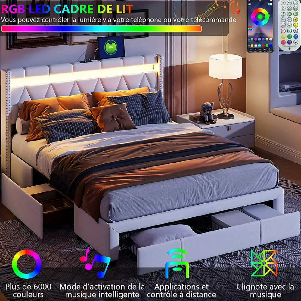 Lit coffre 160x200 cm, capitonné lin, lit double avec 4 tiroirs, LED, USB & Type-C, sommier à lattes et tête de lit, Beige>ProximaX Clearance