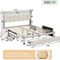 Lit coffre 160x200 cm, capitonné lin, lit double avec 4 tiroirs, LED, USB & Type-C, sommier à lattes et tête de lit, Beige><noscript><img width=