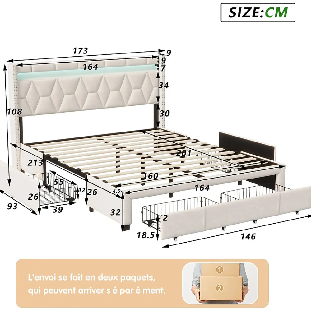 Lit coffre 160x200 cm, capitonné lin, lit double avec 4 tiroirs, LED, USB & Type-C, sommier à lattes et tête de lit, Beige>ProximaX Clearance