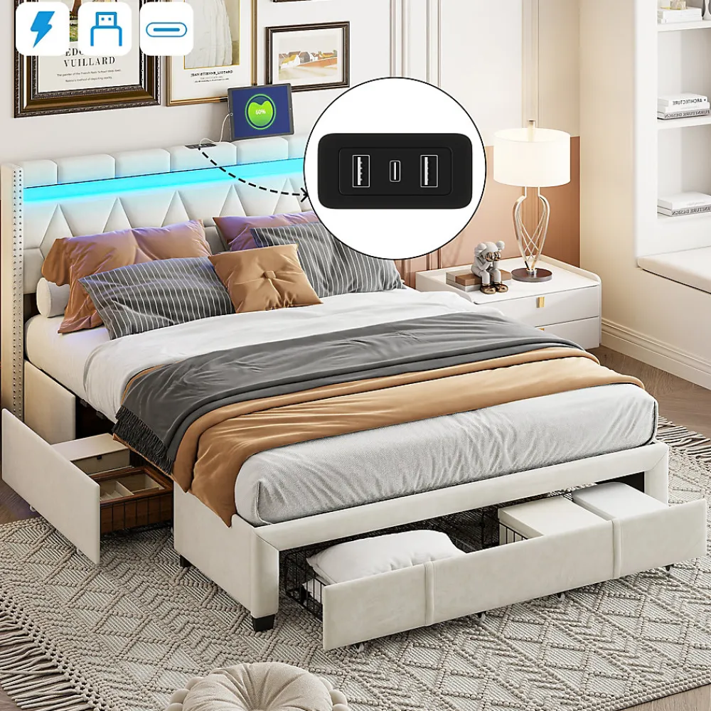 Lit coffre 160x200 cm, capitonné lin, lit double avec 4 tiroirs, LED, USB & Type-C, sommier à lattes et tête de lit, Beige>ProximaX Clearance
