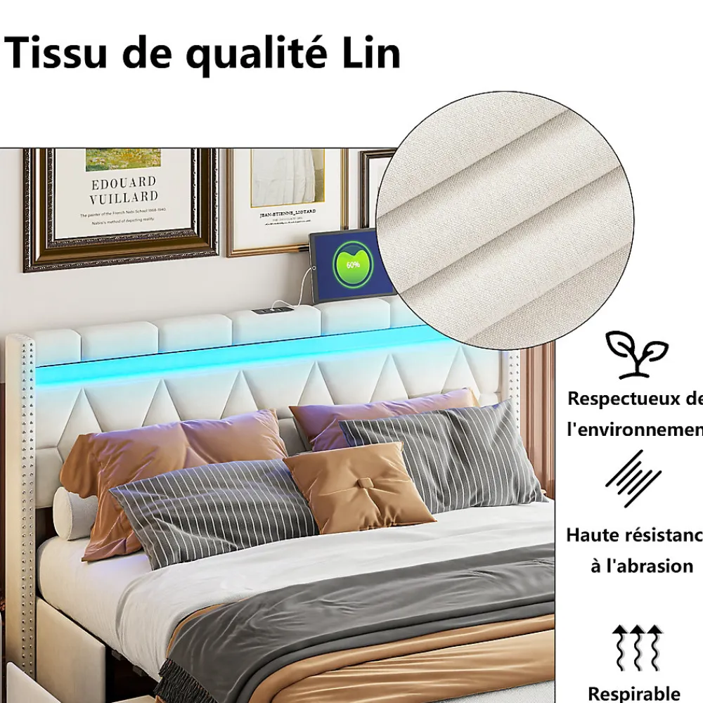 Lit coffre 160x200 cm, capitonné lin, lit double avec 4 tiroirs, LED, USB & Type-C, sommier à lattes et tête de lit, Beige>ProximaX Clearance