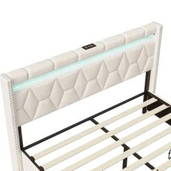 Lit coffre 160x200 cm, capitonné lin, lit double avec 4 tiroirs, LED, USB & Type-C, sommier à lattes et tête de lit, Beige><noscript><img width=