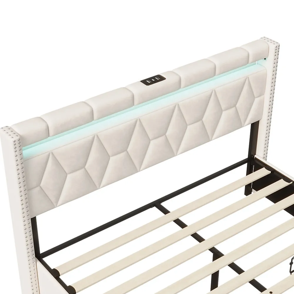 Lit coffre 160x200 cm, capitonné lin, lit double avec 4 tiroirs, LED, USB & Type-C, sommier à lattes et tête de lit, Beige>ProximaX Clearance