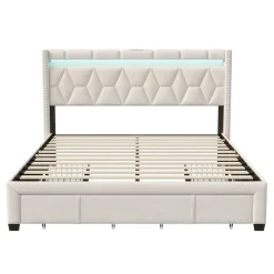 Lit coffre 160x200 cm, capitonné lin, lit double avec 4 tiroirs, LED, USB & Type-C, sommier à lattes et tête de lit, Beige><noscript><img width=