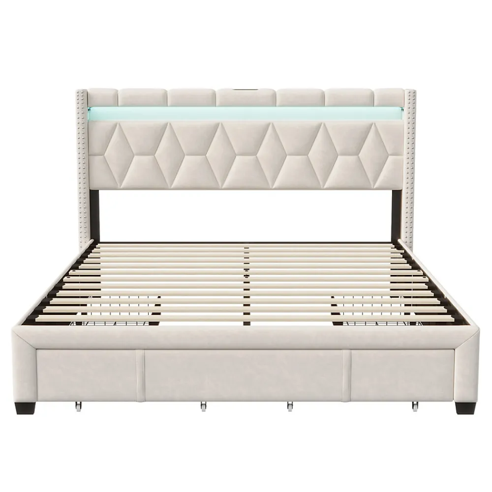 Lit coffre 160x200 cm, capitonné lin, lit double avec 4 tiroirs, LED, USB & Type-C, sommier à lattes et tête de lit, Beige>ProximaX Clearance