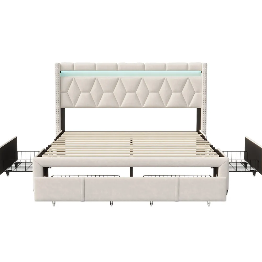 Lit coffre 160x200 cm, capitonné lin, lit double avec 4 tiroirs, LED, USB & Type-C, sommier à lattes et tête de lit, Beige>ProximaX Clearance