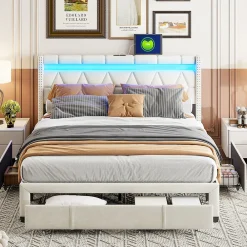 Lit coffre 160x200 cm, capitonné lin, lit double avec 4 tiroirs, LED, USB & Type-C, sommier à lattes et tête de lit, Beige><noscript><img width=