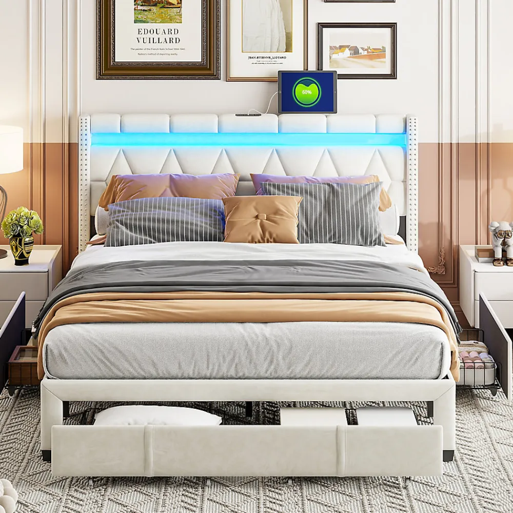Lit coffre 160x200 cm, capitonné lin, lit double avec 4 tiroirs, LED, USB & Type-C, sommier à lattes et tête de lit, Beige>ProximaX Clearance