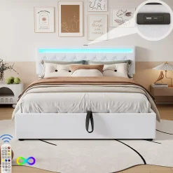 Generique Lit coffre 160x200 cm double adulte avec télécommande LED et ports USB-C, structure lin MDF blanc, sans matelas* Lit Coffre