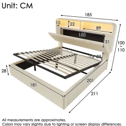 Okwish Lit coffre 180x200 cm double avec LED intégrée, tête de lit réglable, charge USB/Type-C, velours beige - Sans matelas* Lit Coffre