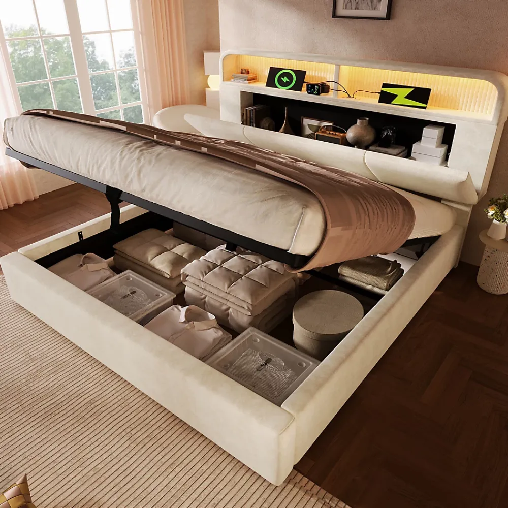 Okwish Lit coffre 180x200 cm double avec LED intégrée, tête de lit réglable, charge USB/Type-C, velours beige - Sans matelas* Lit Coffre