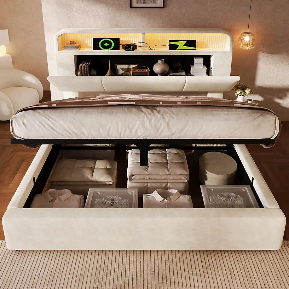 Okwish Lit coffre 180x200 cm double avec LED intégrée, tête de lit réglable, charge USB/Type-C, velours beige - Sans matelas* Lit Coffre