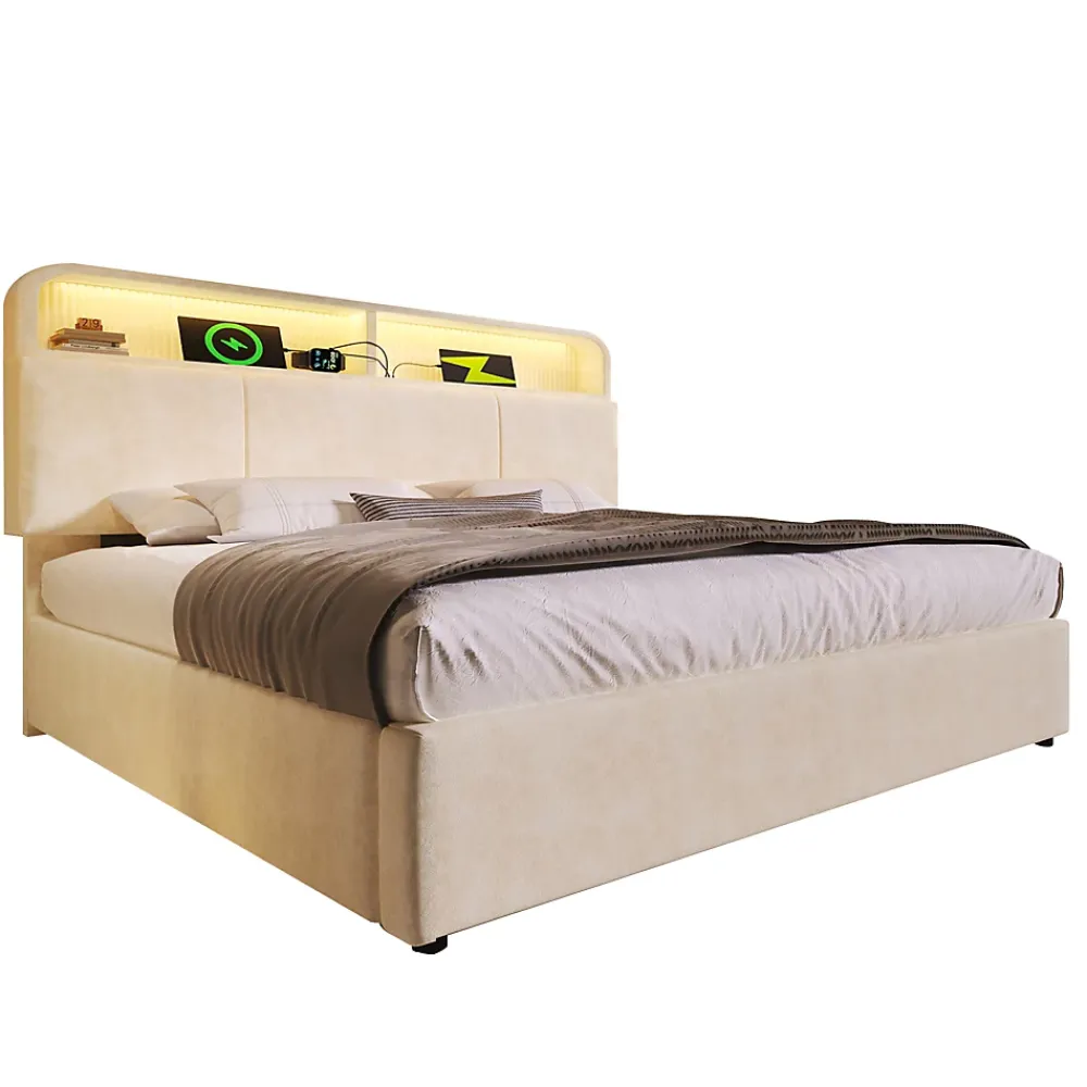 Okwish Lit coffre 180x200 cm double avec LED intégrée, tête de lit réglable, charge USB/Type-C, velours beige - Sans matelas* Lit Coffre