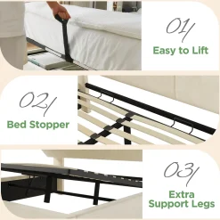 Okwish Lit coffre 180x200 cm double avec LED intégrée, tête de lit réglable, charge USB/Type-C, velours beige - Sans matelas* Lit Coffre