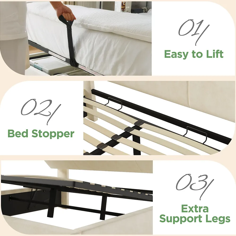 Okwish Lit coffre 180x200 cm double avec LED intégrée, tête de lit réglable, charge USB/Type-C, velours beige - Sans matelas* Lit Coffre