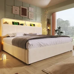 Okwish Lit coffre 180x200 cm double avec LED intégrée, tête de lit réglable, charge USB/Type-C, velours beige - Sans matelas* Lit Coffre