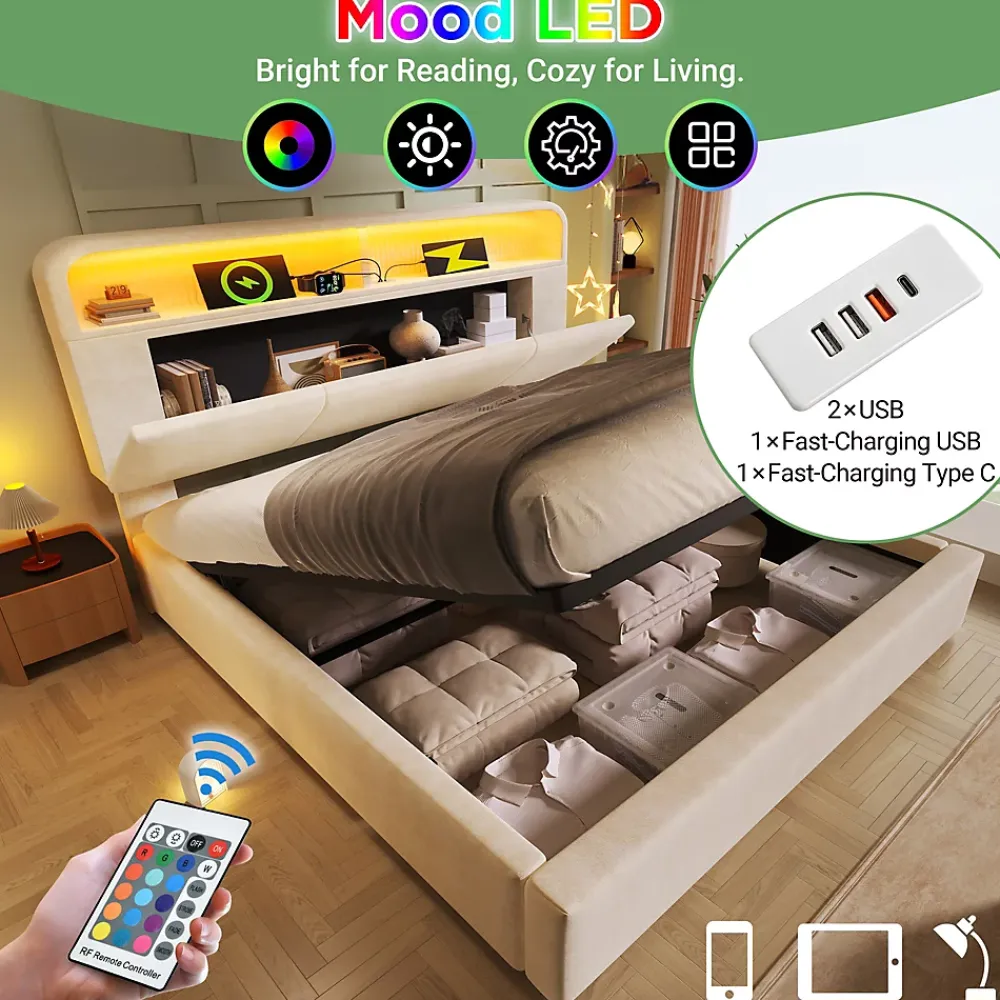 Okwish Lit coffre 180x200 cm double avec LED intégrée, tête de lit réglable, charge USB/Type-C, velours beige - Sans matelas* Lit Coffre