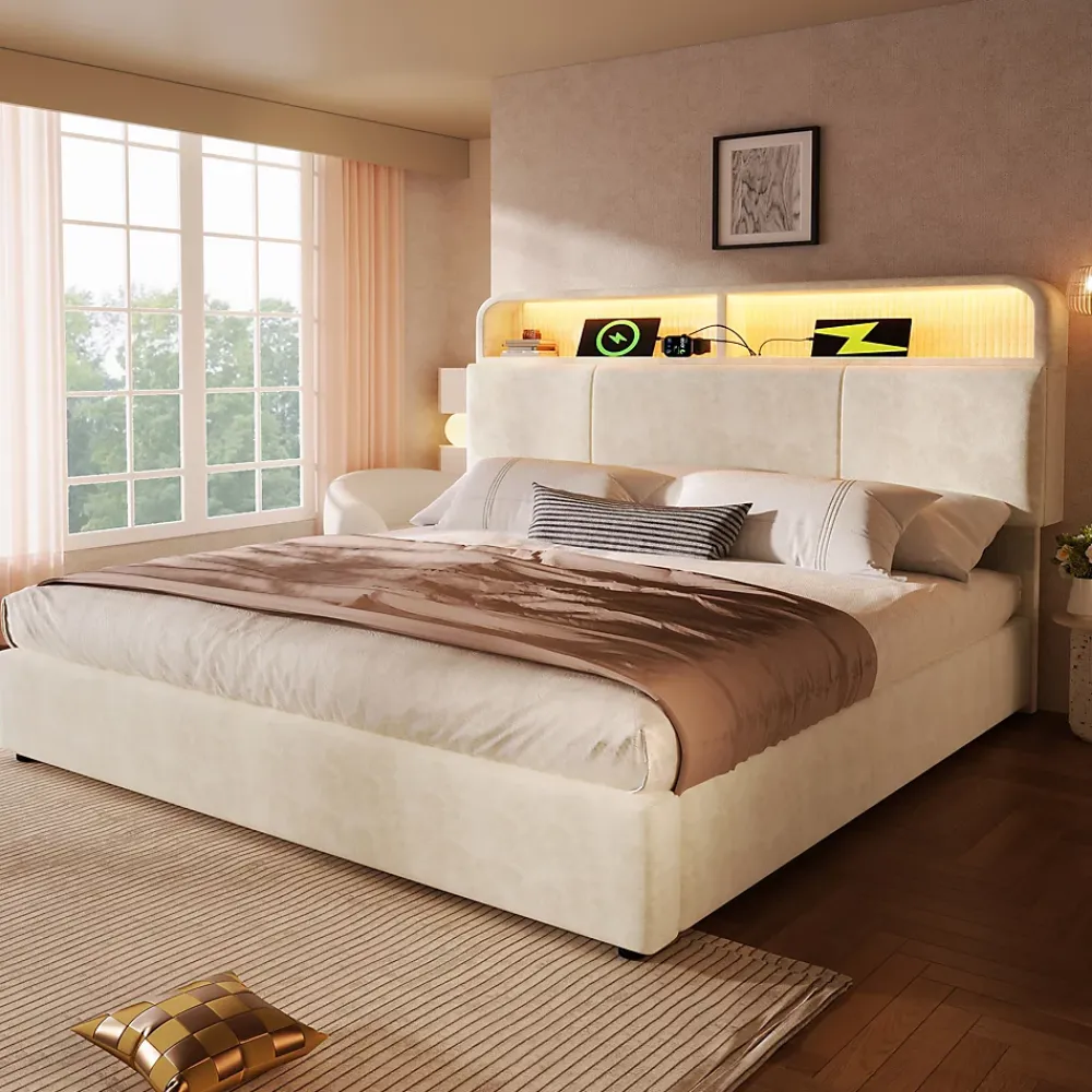 Okwish Lit coffre 180x200 cm double avec LED intégrée, tête de lit réglable, charge USB/Type-C, velours beige - Sans matelas* Lit Coffre