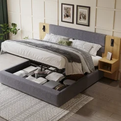 Okwish Lit coffre 180x200 cm double capitonné avec grandes oreilles, 2 tables de nuit, coffre de rangement, velours gris, sans matelas* Lit Coffre