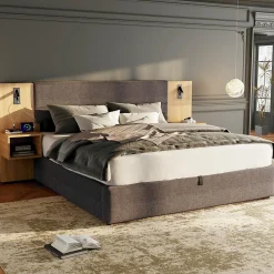 Okwish Lit coffre 180x200 cm double capitonné avec grandes oreilles, 2 tables de nuit, coffre de rangement, velours gris, sans matelas* Lit Coffre